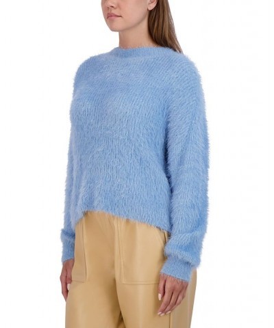 Women's Fuzzy Pullover Crewneck Sweater Blue $30.77 Sweaters