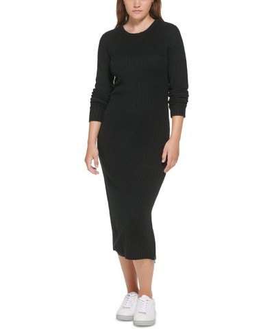 Women's Ribbed Long Sleeve Crewneck Side Slit Dress Black $42.10 Dresses