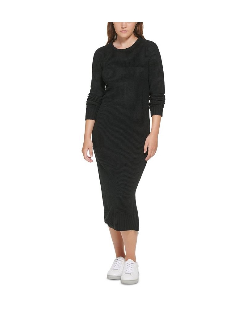 Women's Ribbed Long Sleeve Crewneck Side Slit Dress Black $42.10 Dresses