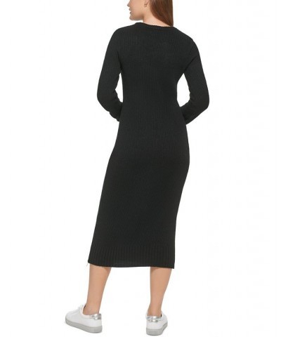 Women's Ribbed Long Sleeve Crewneck Side Slit Dress Black $42.10 Dresses