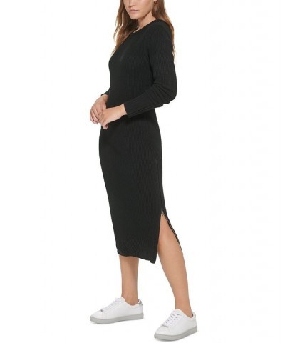 Women's Ribbed Long Sleeve Crewneck Side Slit Dress Black $42.10 Dresses