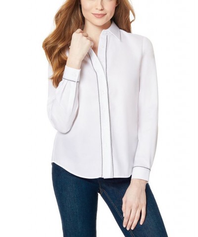 Women's Easy Care Y-Neck Button Down with Piping Blouse NYC White, Gingham $23.00 Tops