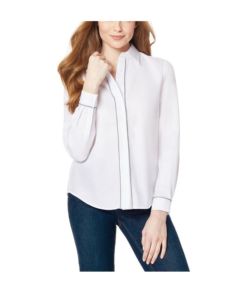 Women's Easy Care Y-Neck Button Down with Piping Blouse NYC White, Gingham $23.00 Tops