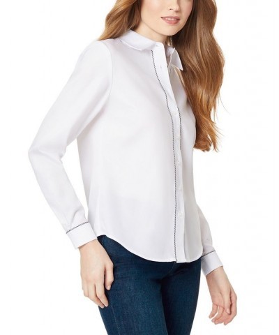 Women's Easy Care Y-Neck Button Down with Piping Blouse NYC White, Gingham $23.00 Tops