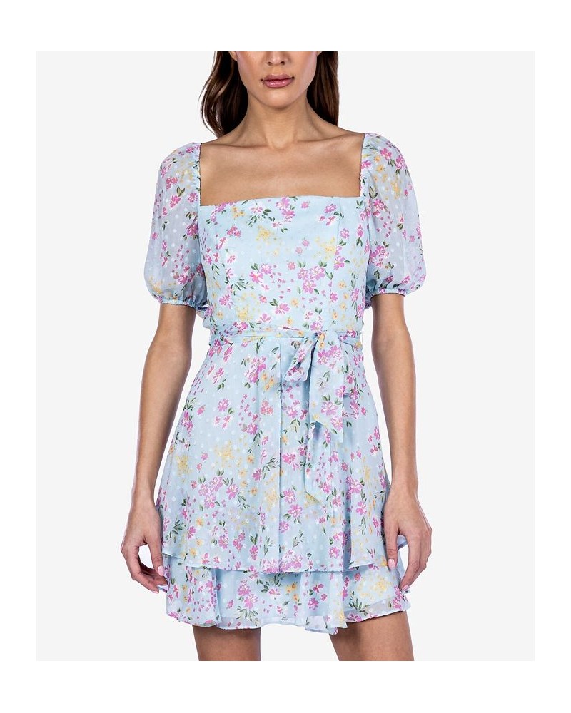 Juniors' Floral-Print Puff-Sleeve Dress Light Blue/Multicolor $24.78 Dresses