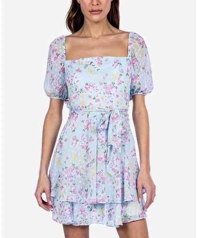 Juniors' Floral-Print Puff-Sleeve Dress Light Blue/Multicolor $24.78 Dresses