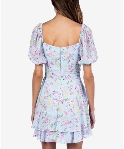 Juniors' Floral-Print Puff-Sleeve Dress Light Blue/Multicolor $24.78 Dresses