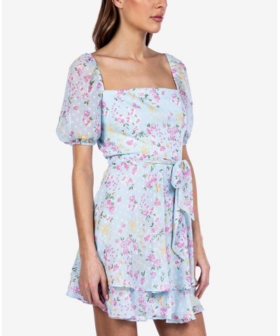 Juniors' Floral-Print Puff-Sleeve Dress Light Blue/Multicolor $24.78 Dresses