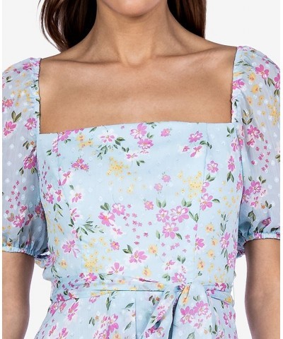 Juniors' Floral-Print Puff-Sleeve Dress Light Blue/Multicolor $24.78 Dresses