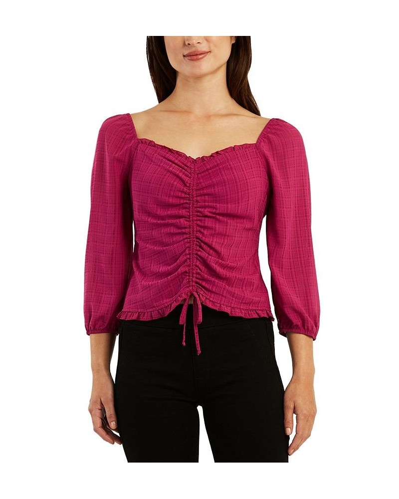 Juniors' Ruched Ruffled-Trim 3/4-Sleeve Crop Top Fuchsia $20.99 Tops