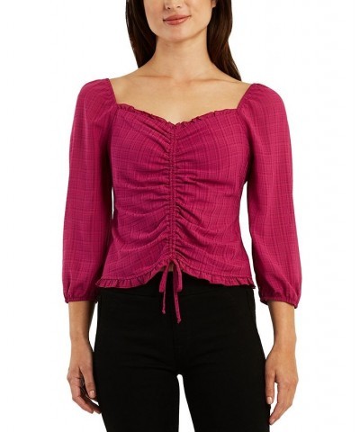 Juniors' Ruched Ruffled-Trim 3/4-Sleeve Crop Top Fuchsia $20.99 Tops