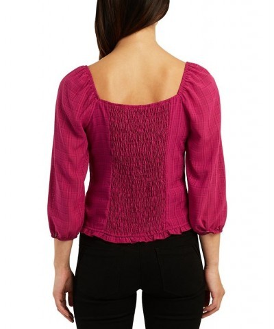 Juniors' Ruched Ruffled-Trim 3/4-Sleeve Crop Top Fuchsia $20.99 Tops