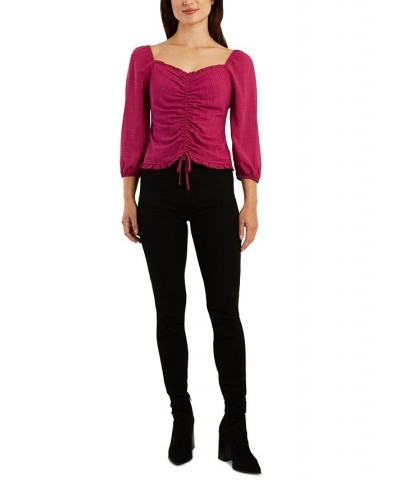 Juniors' Ruched Ruffled-Trim 3/4-Sleeve Crop Top Fuchsia $20.99 Tops