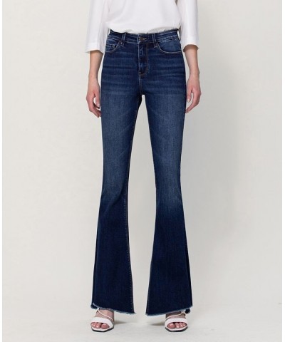 Women's High Rise Flare Jeans with Slit and Uneven Hem Detail Dark Blue $40.80 Jeans