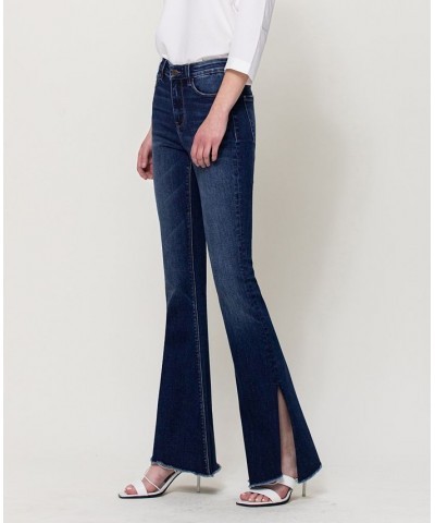 Women's High Rise Flare Jeans with Slit and Uneven Hem Detail Dark Blue $40.80 Jeans