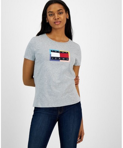 Women's Cotton Color Border Flag Logo Tee Top Stone Grey Heather $17.41 Tops