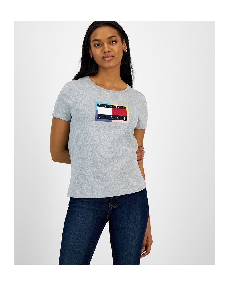 Women's Cotton Color Border Flag Logo Tee Top Stone Grey Heather $17.41 Tops