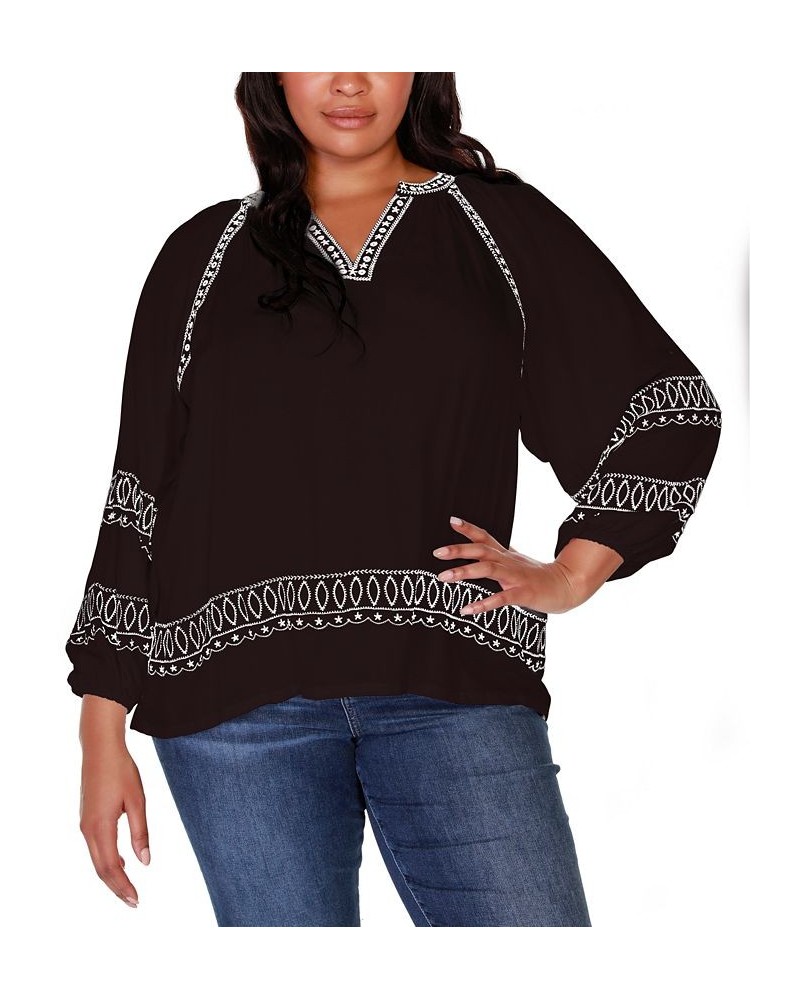 Black Label Plus Size Embroidered Blouson Split-Neck Top Black $29.90 Tops