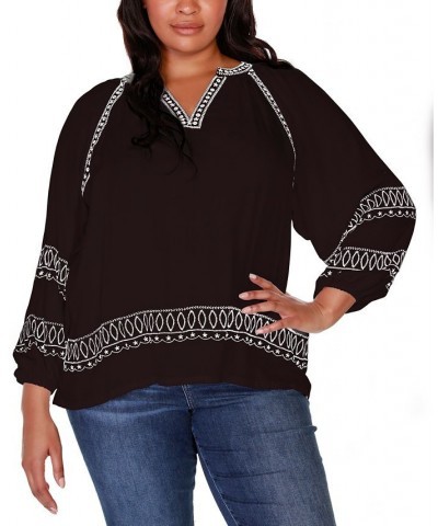 Black Label Plus Size Embroidered Blouson Split-Neck Top Black $29.90 Tops