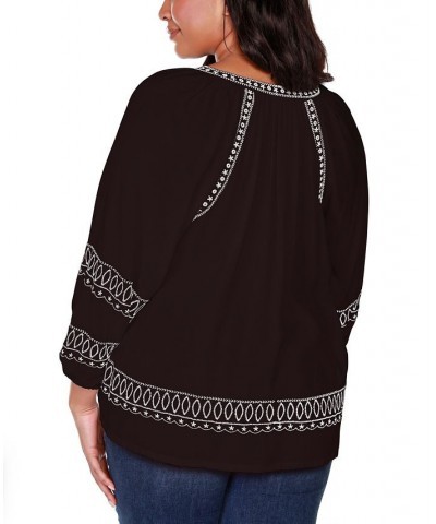 Black Label Plus Size Embroidered Blouson Split-Neck Top Black $29.90 Tops