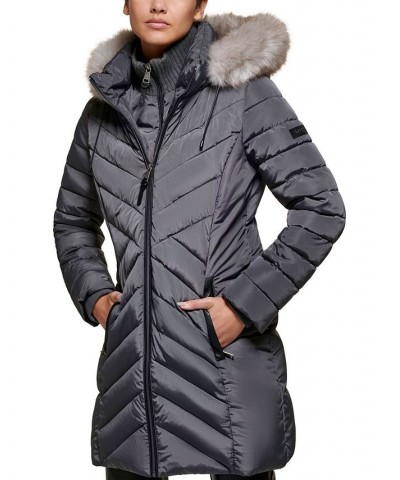 Women's Faux-Fur-Trim Hooded Water-Resistant Puffer Coat Gray $72.00 Coats