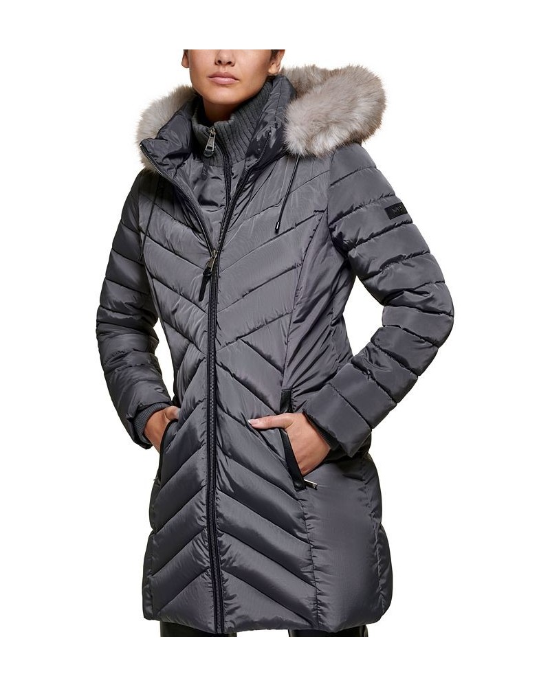 Women's Faux-Fur-Trim Hooded Water-Resistant Puffer Coat Gray $72.00 Coats