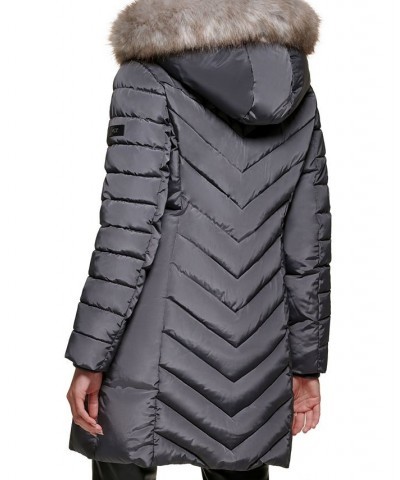 Women's Faux-Fur-Trim Hooded Water-Resistant Puffer Coat Gray $72.00 Coats