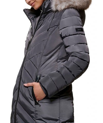 Women's Faux-Fur-Trim Hooded Water-Resistant Puffer Coat Gray $72.00 Coats