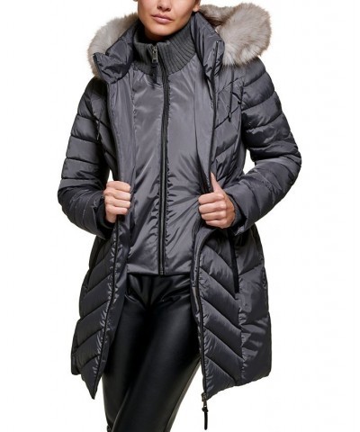 Women's Faux-Fur-Trim Hooded Water-Resistant Puffer Coat Gray $72.00 Coats