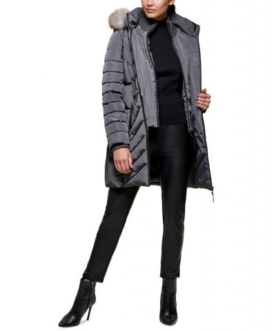 Women's Faux-Fur-Trim Hooded Water-Resistant Puffer Coat Gray $72.00 Coats