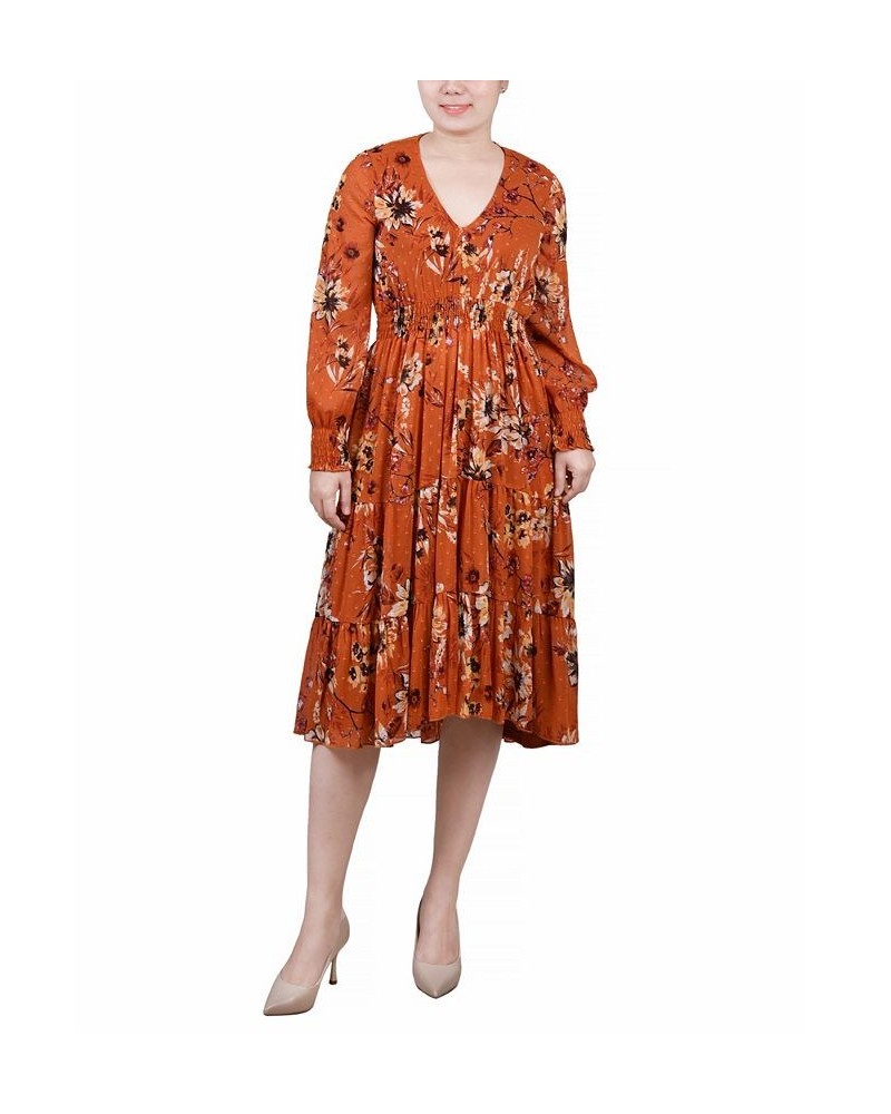 Women's Long Sleeve Clip Dot Chiffon Dress with Smocked Waist and Cuffs Dress Mustard Floral $20.00 Dresses