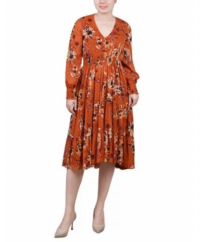 Women's Long Sleeve Clip Dot Chiffon Dress with Smocked Waist and Cuffs Dress Mustard Floral $20.00 Dresses