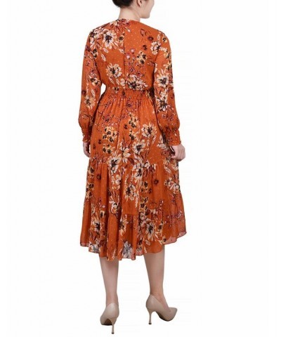 Women's Long Sleeve Clip Dot Chiffon Dress with Smocked Waist and Cuffs Dress Mustard Floral $20.00 Dresses