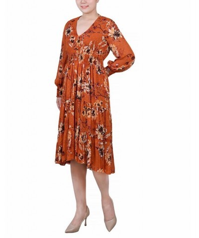 Women's Long Sleeve Clip Dot Chiffon Dress with Smocked Waist and Cuffs Dress Mustard Floral $20.00 Dresses