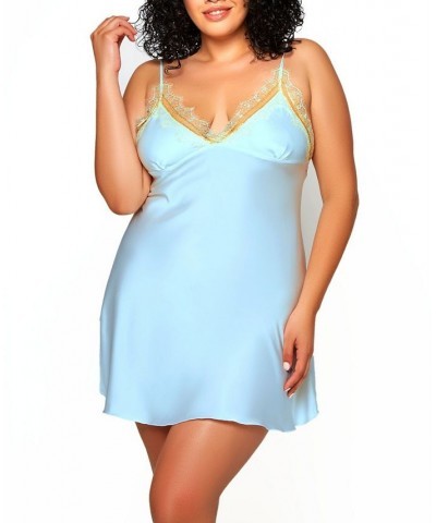 Plus Size Alison Satin and Lace Sleep Chemise Lingerie Blue $30.87 Lingerie