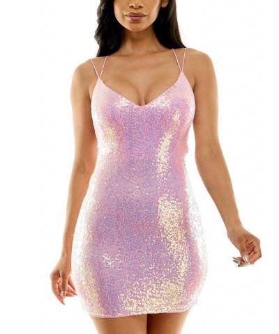 Juniors' V-Neck Strappy-Back Sequin Mini Dress Pink/Iridescent $24.63 Dresses