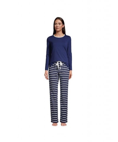 Women's Petite Knit Pajama Set Long Sleeve T-Shirt and Pants Deep sea navy founders stripe $34.38 Sleepwear
