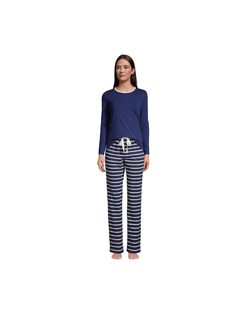 Women's Petite Knit Pajama Set Long Sleeve T-Shirt and Pants Deep sea navy founders stripe $34.38 Sleepwear