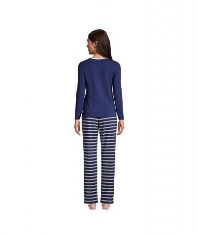 Women's Petite Knit Pajama Set Long Sleeve T-Shirt and Pants Deep sea navy founders stripe $34.38 Sleepwear