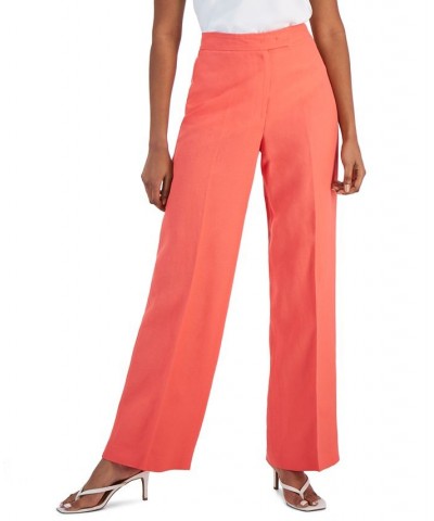 Women's Linen High Rise Wide-Leg Asymmetrical-Fly Pants Red $49.05 Pants