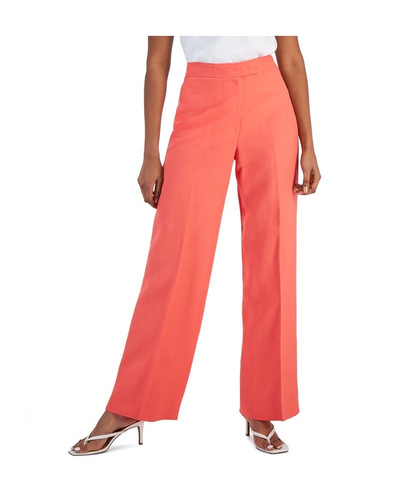 Women's Linen High Rise Wide-Leg Asymmetrical-Fly Pants Red $49.05 Pants