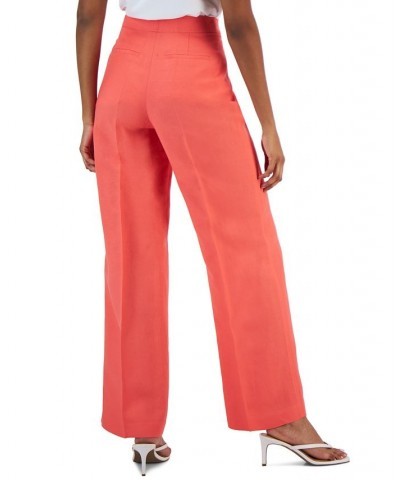 Women's Linen High Rise Wide-Leg Asymmetrical-Fly Pants Red $49.05 Pants