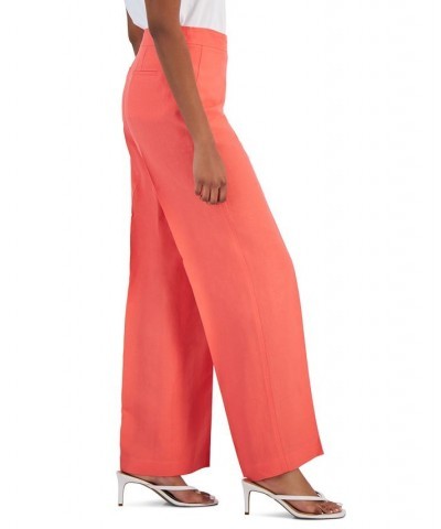 Women's Linen High Rise Wide-Leg Asymmetrical-Fly Pants Red $49.05 Pants