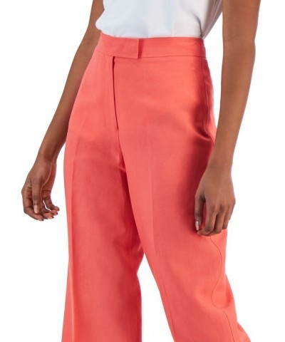 Women's Linen High Rise Wide-Leg Asymmetrical-Fly Pants Red $49.05 Pants