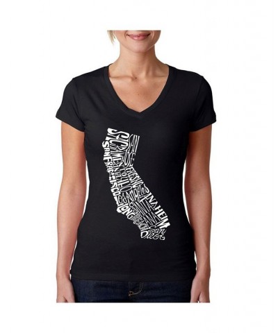 Women's Word Art V-Neck T-Shirt - California State Black $19.59 Tops