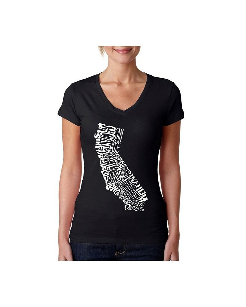 Women's Word Art V-Neck T-Shirt - California State Black $19.59 Tops