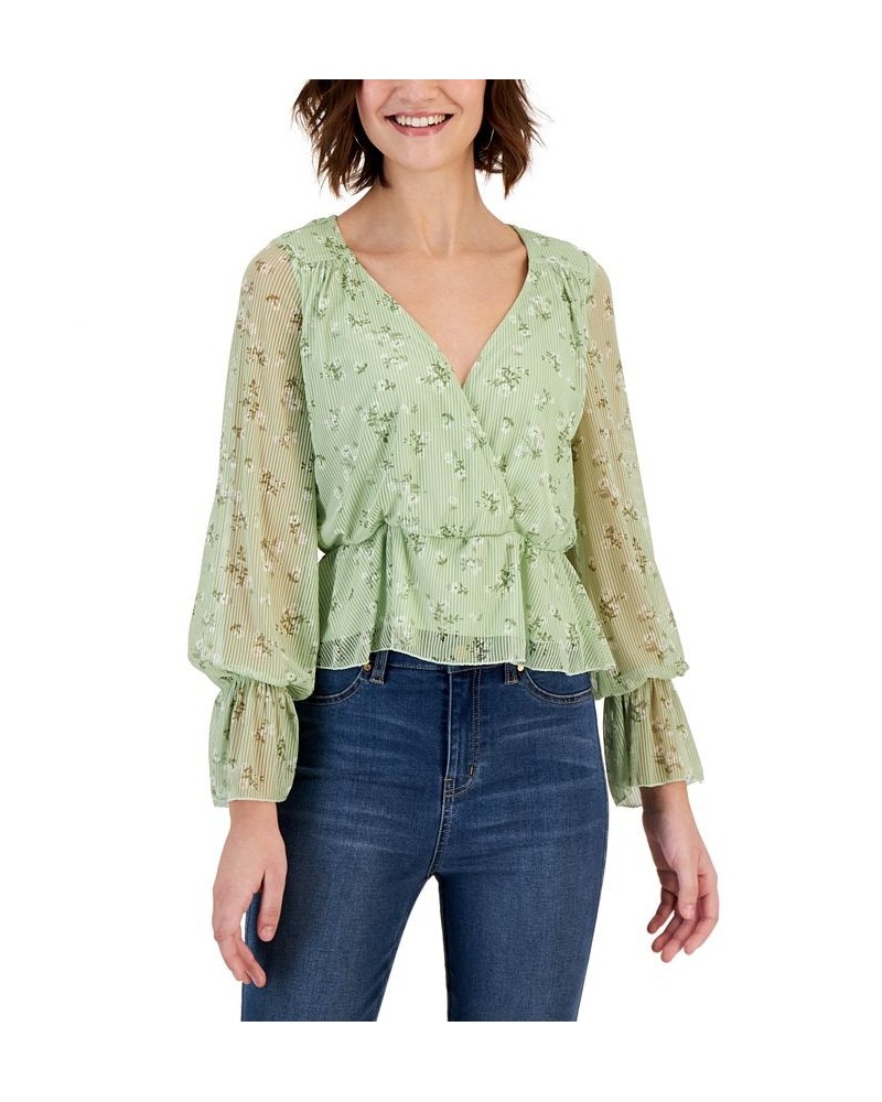 Crave Frame Juniors' Floral-Print Surplice Ruffled-Hem Top Green $17.99 Tops