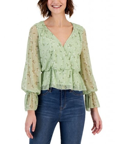 Crave Frame Juniors' Floral-Print Surplice Ruffled-Hem Top Green $17.99 Tops