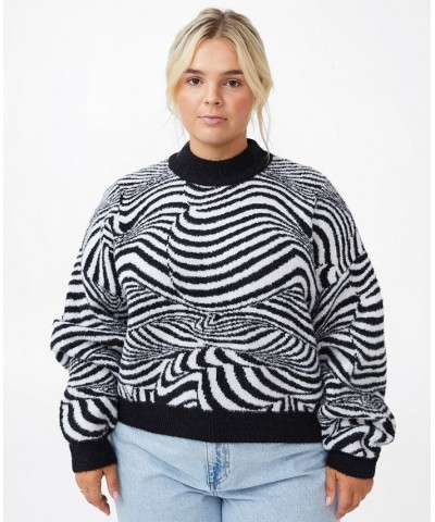 Trendy Plus Size Fluffy Optical Sweater Swirl Geo Black And White $19.03 Sweaters