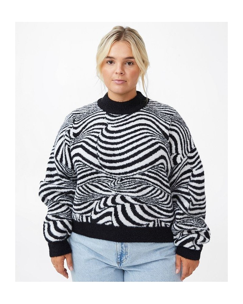 Trendy Plus Size Fluffy Optical Sweater Swirl Geo Black And White $19.03 Sweaters